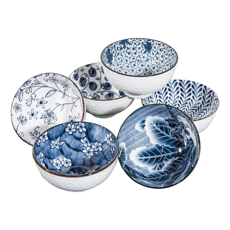 Swuut Japanese Style Ceramic Cereal Bowls24 Ounces SaladSoup Ramen Pho Salad Bowl Set of 6Blue and White Microwave Safe 6 inch