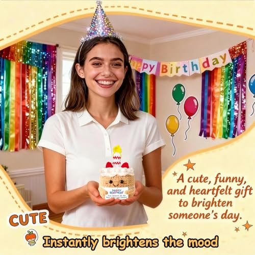 AicooFest Happy Birthday Gifts for Women Emotional Support Crochet Positive Crochet Cake Girls Best Friends Unique Gift with Card for Sister Cowrokers Girlfriend Bday Party Decoration Knitted Small Present - Image 5