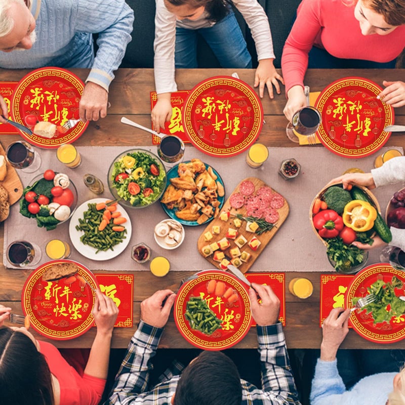 Wiooffen 96 Pcs Chinese New Year Party Plates Napkins Tableware Set Happy 2026 Horse Year Supplies Disposable Dinnerware Spring Festival Decoration Favors for Chinese New Year Eve, 24 Guests - Image 5