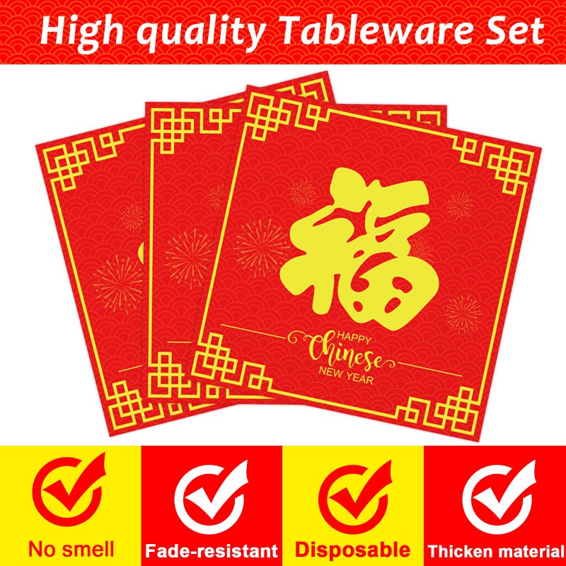 Wiooffen 96 Pcs Chinese New Year Party Plates Napkins Tableware Set Happy 2026 Horse Year Supplies Disposable Dinnerware Spring Festival Decoration Favors for Chinese New Year Eve, 24 Guests - Image 4