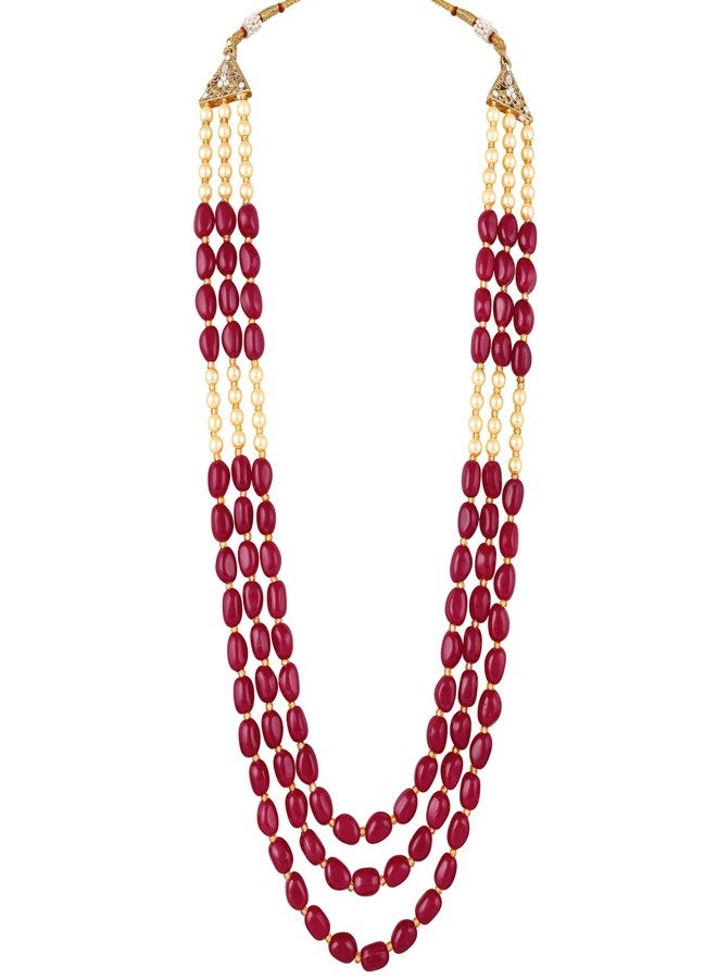 Mahi 3 Layers Red and Yellow Beads Base Groom/Dulha Moti Mala Haar Necklace for Men (ML1108123GRed) - Image 1