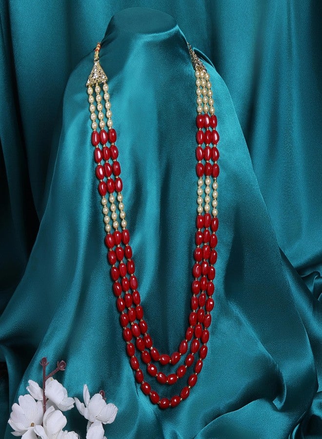 Mahi 3 Layers Red and Yellow Beads Base Groom/Dulha Moti Mala Haar Necklace for Men (ML1108123GRed) - Image 2