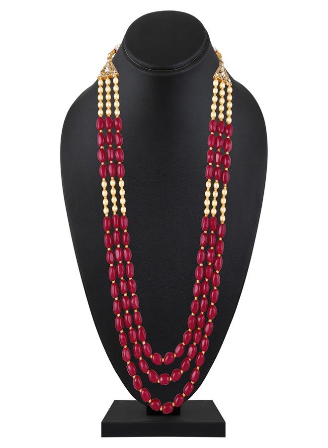 Mahi 3 Layers Red and Yellow Beads Base Groom/Dulha Moti Mala Haar Necklace for Men (ML1108123GRed) - Image 3