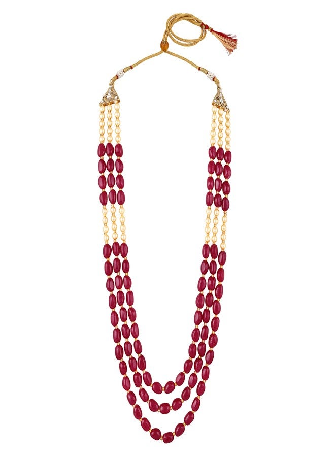 Mahi 3 Layers Red and Yellow Beads Base Groom/Dulha Moti Mala Haar Necklace for Men (ML1108123GRed) - Image 4