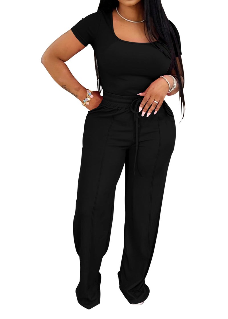 PINSV Women's 2 Piece Outfits Lounge Short Sleeve Tops High Waisted Wide Leg Pants Tracksuit Sets Black L - Image 3
