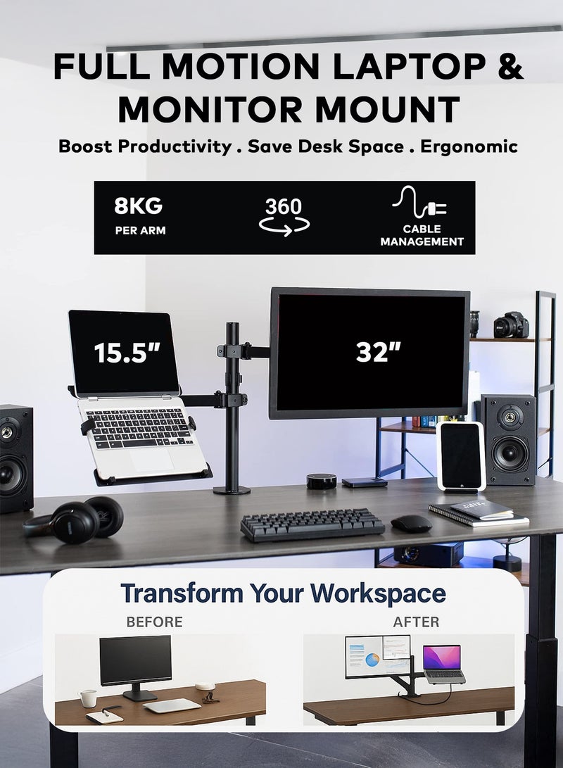 Newstar Laptop Monitor Mount, Dual Monitor Desk Mount Holds 13-32 inch Computer Screen, Laptop Notebook Desk Mount Stand Fits Up to 15.5 inch, Fully Adjustable Weight Up to 8kg - Image 2