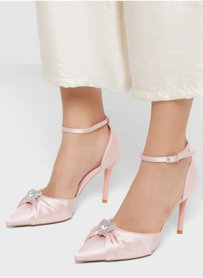 ELLA Diamante Heart Trim Pointy Counter Strap Pump