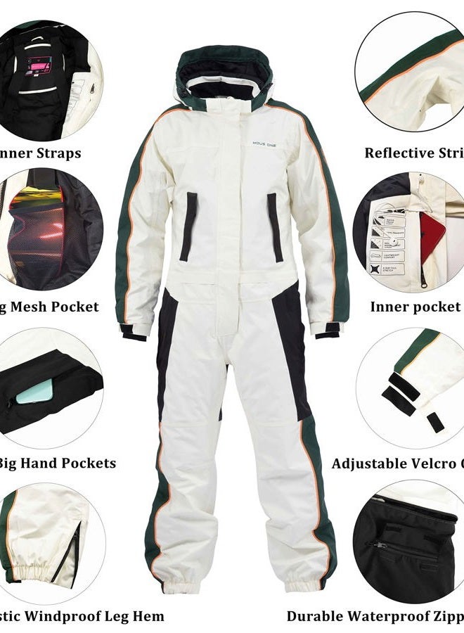 MOUS ONE Women One Pieces Ski Suits Waterproof Warm Insulated Ski Jumpsuit Removable Hood Snowsuit for Snow Sport, White, Medium - Image 5
