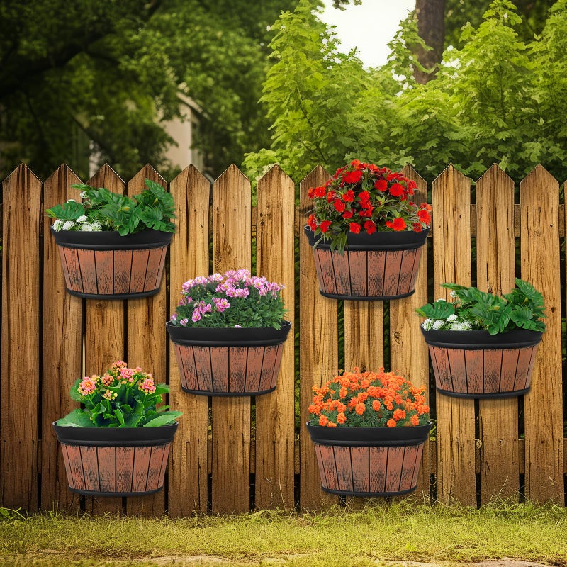 Layhit 6 Pcs Wall Hanging Planters Outdoor Pot Planter Wine Barrel Planter Distressed Oak Thickened Plastic Water Storage Flower Pots for Flower Indoor Outdoor(10 Inches,Brown) - Image 1