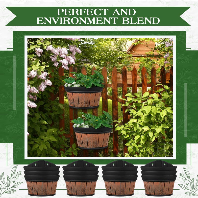 Layhit 6 Pcs Wall Hanging Planters Outdoor Pot Planter Wine Barrel Planter Distressed Oak Thickened Plastic Water Storage Flower Pots for Flower Indoor Outdoor(10 Inches,Brown) - Image 3