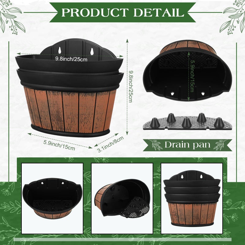 Layhit 6 Pcs Wall Hanging Planters Outdoor Pot Planter Wine Barrel Planter Distressed Oak Thickened Plastic Water Storage Flower Pots for Flower Indoor Outdoor(10 Inches,Brown) - Image 2