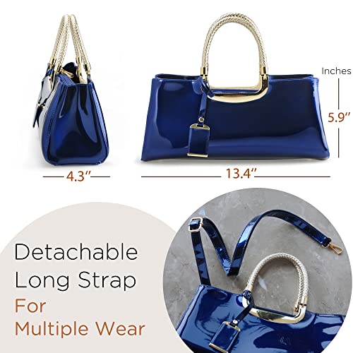 HOXIS Glossy Faux Patent Leather Structured Shoulder Handbag Women Evening Party Satchel (Navy) - Image 3