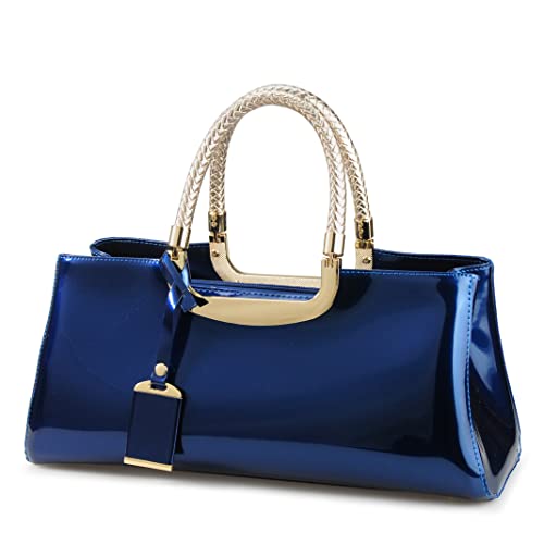 HOXIS Glossy Faux Patent Leather Structured Shoulder Handbag Women Evening Party Satchel (Navy) - Image 1