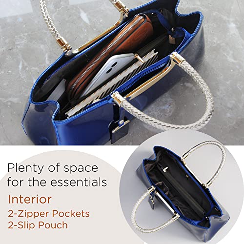 HOXIS Glossy Faux Patent Leather Structured Shoulder Handbag Women Evening Party Satchel (Navy) - Image 4