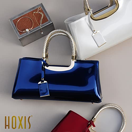 HOXIS Glossy Faux Patent Leather Structured Shoulder Handbag Women Evening Party Satchel (Navy) - Image 5
