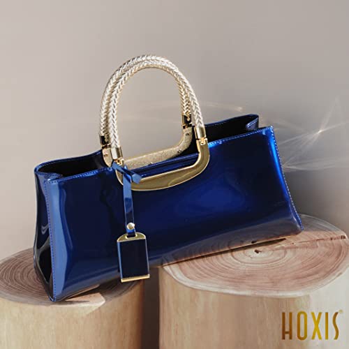 HOXIS Glossy Faux Patent Leather Structured Shoulder Handbag Women Evening Party Satchel (Navy) - Image 2