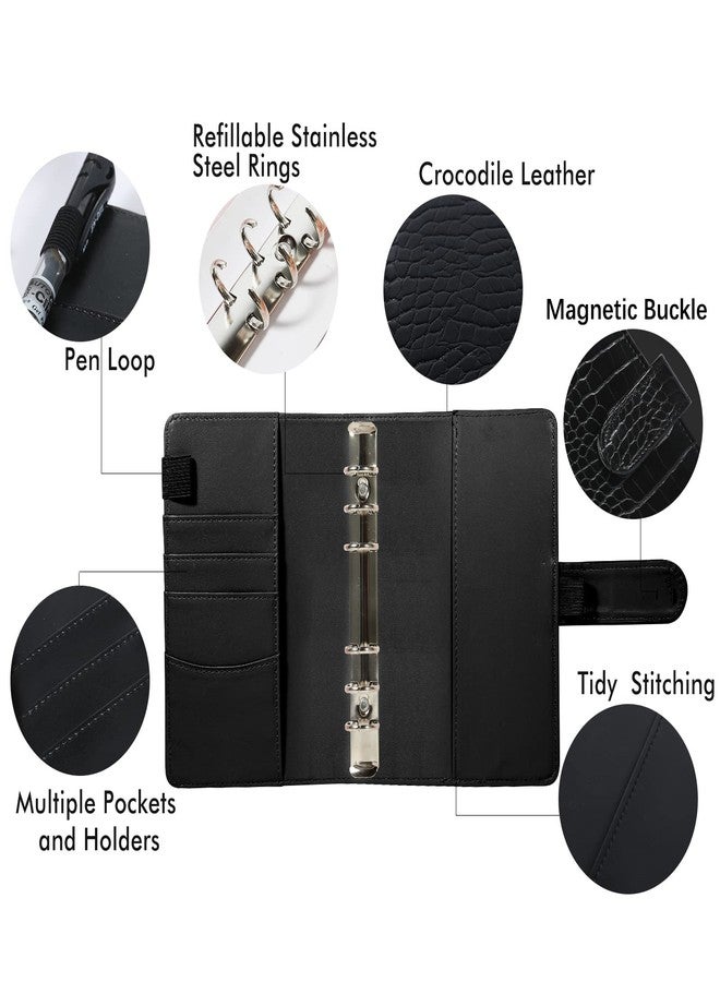 eleger A6 6 Ring Budget Binder - Crocodile Pattern Leather Notebook Binder, Small Refillable Planner Cover with Magnetic Buckle, Black - Image 2