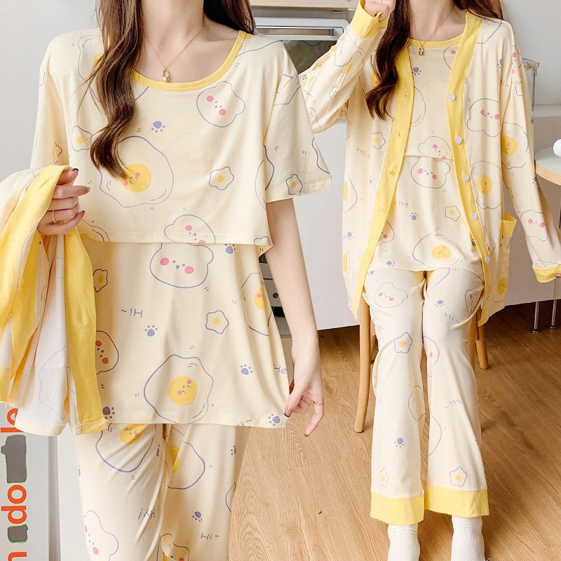 Confinement clothing summer thin postpartum nursing three-piece short-sleeved maternity pajamas summer maternity nursing clothing 8873 painting Bear [lining short sleeve]] 