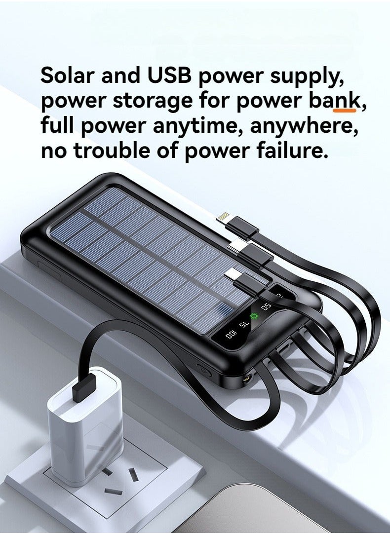 Raxoom - Multi-function solar power bank with built-in charging cable 10000 mAh large capacity mobile power supply with lazy stand (black) - Image 1