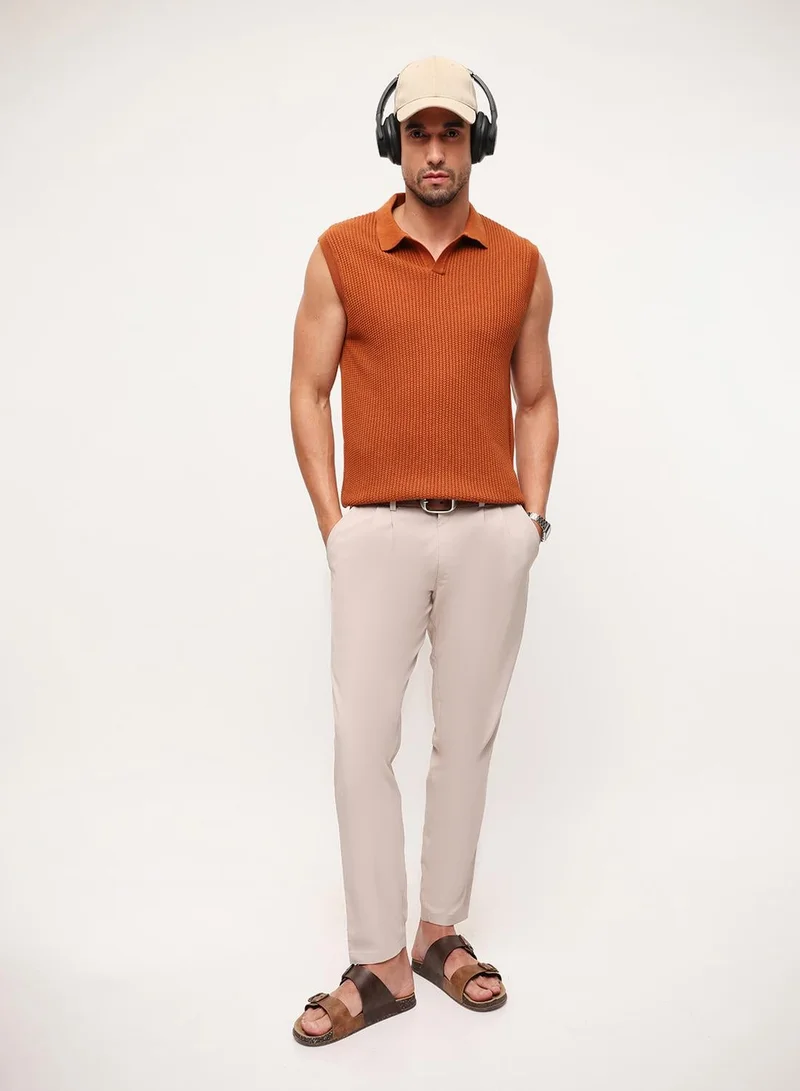 Dennis Lingo Rust 100% Cotton Textured Relaxed Polo T-Shirt For Men