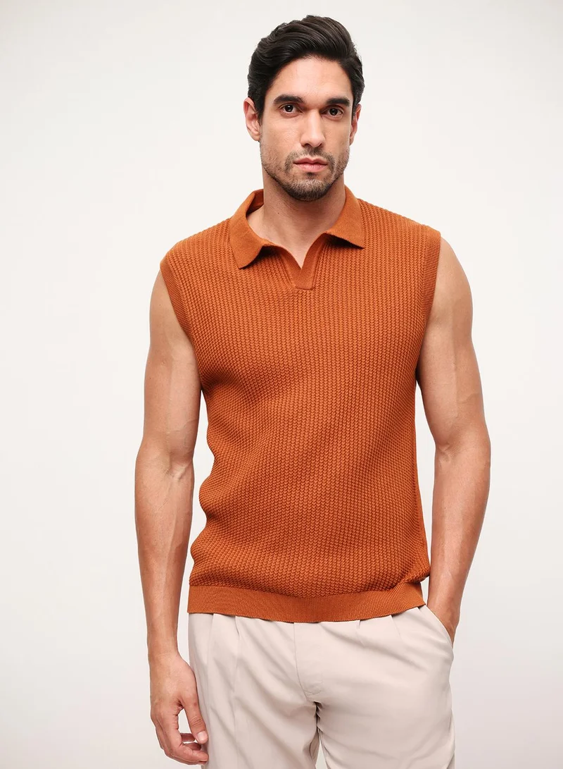 Dennis Lingo Rust 100% Cotton Textured Relaxed Polo T-Shirt For Men