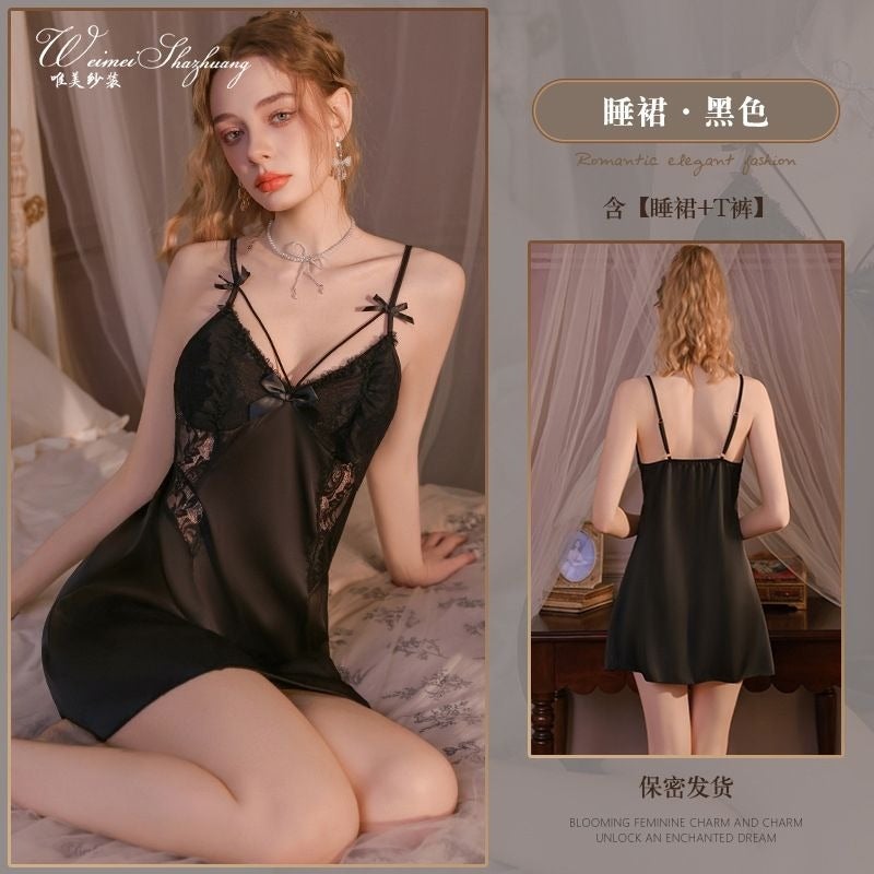 CME French Lace Trim Nightgown with Built-in Padded Bra & Matching Robe Set - Image 1