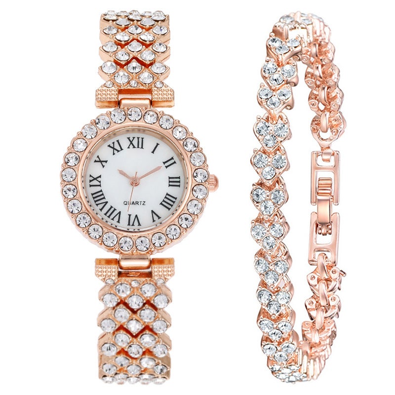 Fashion Diamond Ladies Watch Bracelet Set Rose Gold