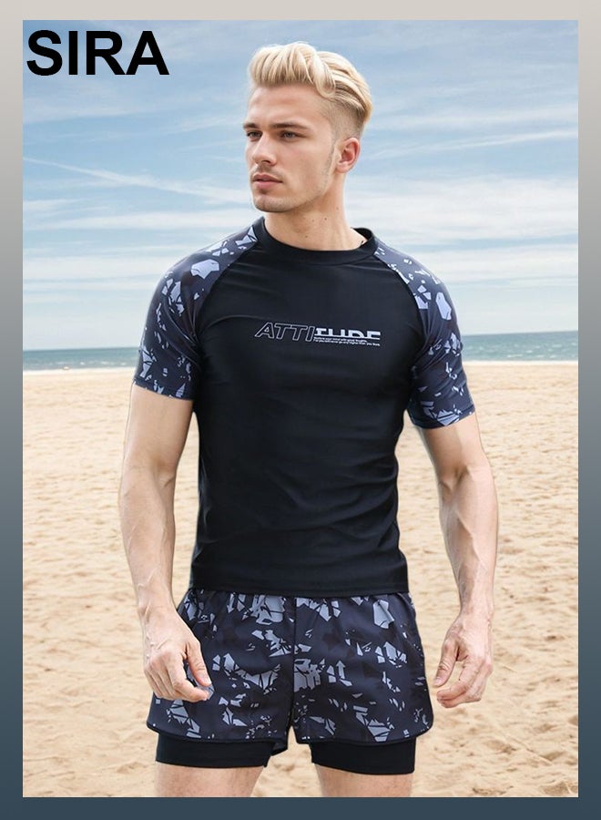 SIRA Men's Swimwear Set - Long Sleeve Rash Guard & Quick-Dry Swim Trunks, UPF 50+ Sun Protection for Swimming, Beach, Water Sports (Black, 2-Piece) - Image 4