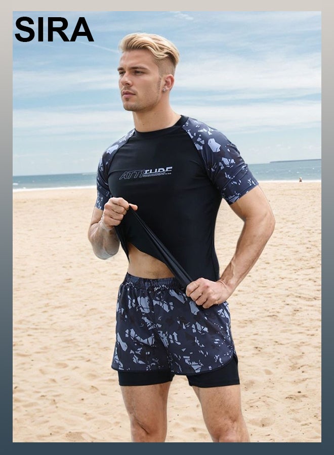 SIRA Men's Swimwear Set - Long Sleeve Rash Guard & Quick-Dry Swim Trunks, UPF 50+ Sun Protection for Swimming, Beach, Water Sports (Black, 2-Piece) - Image 1