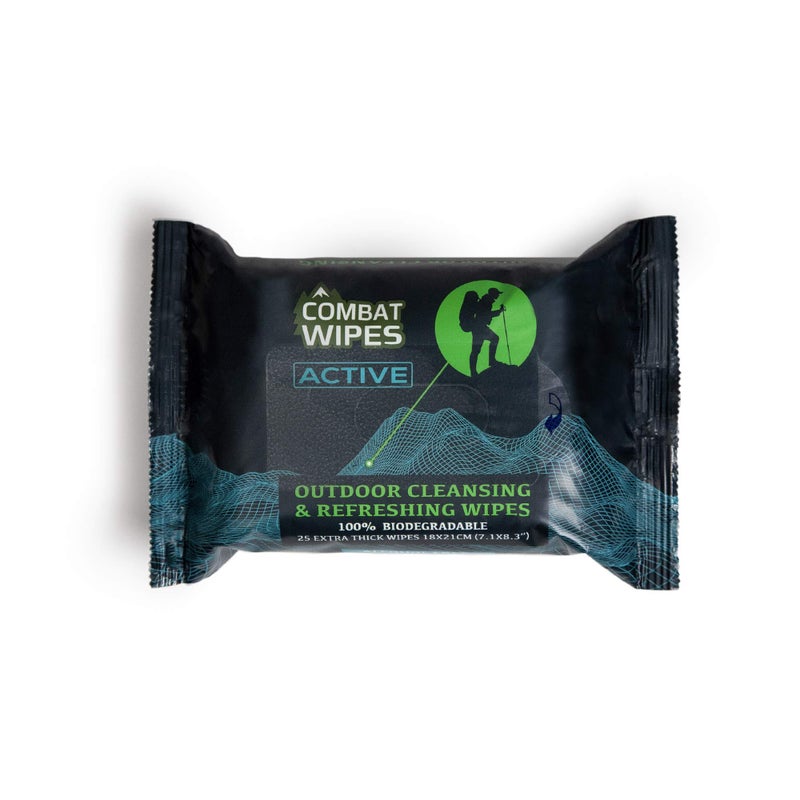 Combat Wipes ACTIVE Outdoor Wet Wipes - Extra Thick Camping Gear, Biodegradable, Body & Hand Cleansing/Refreshing Cloths for Backpacking & Gym w/Natural Aloe & Vitamin E (25 Wipes) - Image 1