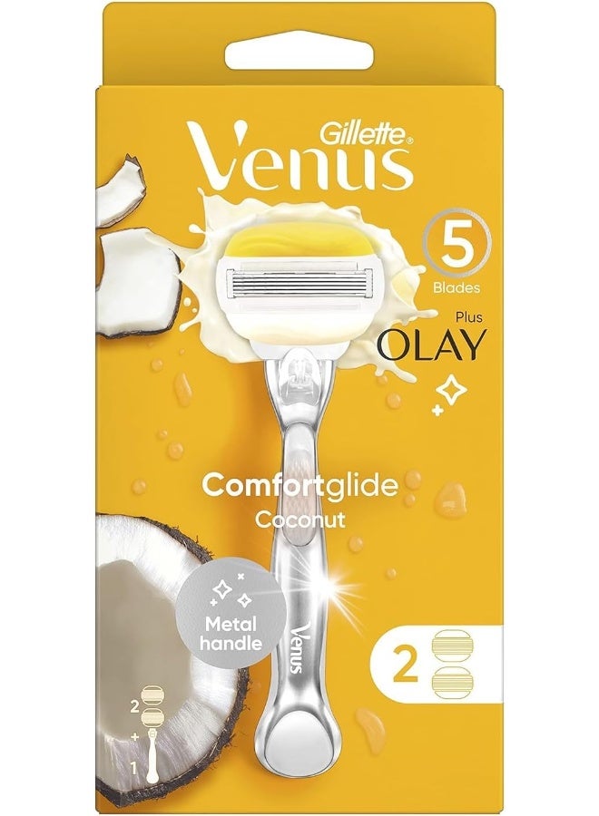 Venus مقبض ماكينة حلاقة نسائية Comfortglide Olay بجوز الهند + 2 شفرات حلاقة إضافية - Image 1