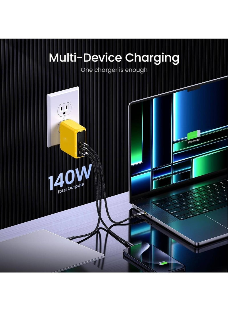 AROAQ Magcube 140W USB C Charger PD3.1 3-Port GaN+ Laptop Wall Charger 100W Fast Charging Power Adapter Foldable Plug for MacBook Pro 16'', Dell XPS, iPad Pro, Galaxy, iPhone 15 Pro, Chromebook, Yellow - Image 1