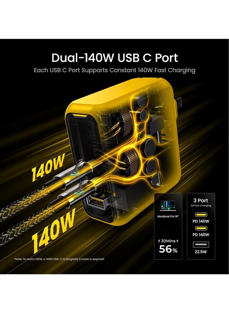 AROAQ Magcube 140W USB C Charger PD3.1 3-Port GaN+ Laptop Wall Charger 100W Fast Charging Power Adapter Foldable Plug for MacBook Pro 16'', Dell XPS, iPad Pro, Galaxy, iPhone 15 Pro, Chromebook, Yellow - Image 4