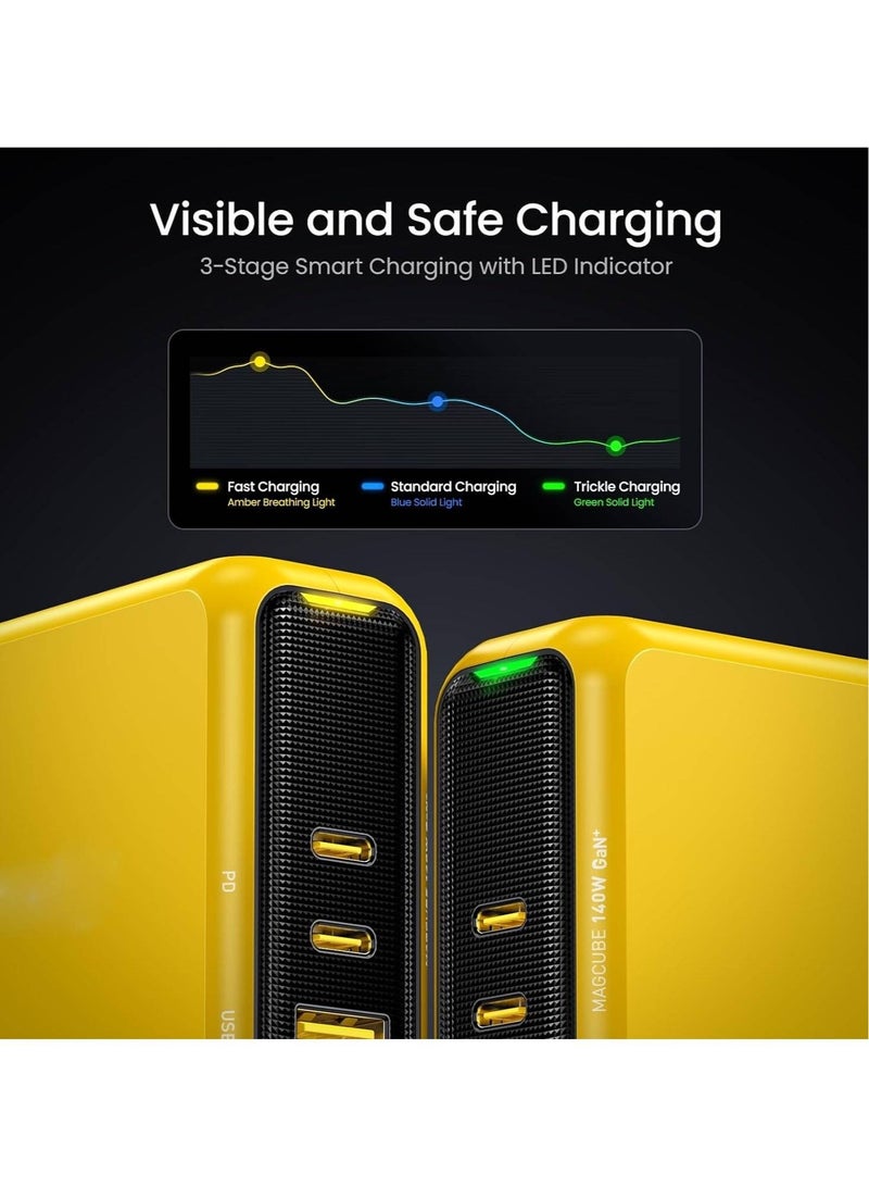 AROAQ Magcube 140W USB C Charger PD3.1 3-Port GaN+ Laptop Wall Charger 100W Fast Charging Power Adapter Foldable Plug for MacBook Pro 16'', Dell XPS, iPad Pro, Galaxy, iPhone 15 Pro, Chromebook, Yellow - Image 2