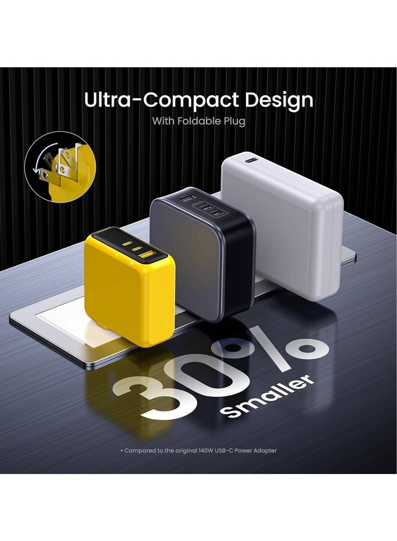 AROAQ Magcube 140W USB C Charger PD3.1 3-Port GaN+ Laptop Wall Charger 100W Fast Charging Power Adapter Foldable Plug for MacBook Pro 16'', Dell XPS, iPad Pro, Galaxy, iPhone 15 Pro, Chromebook, Yellow - Image 5