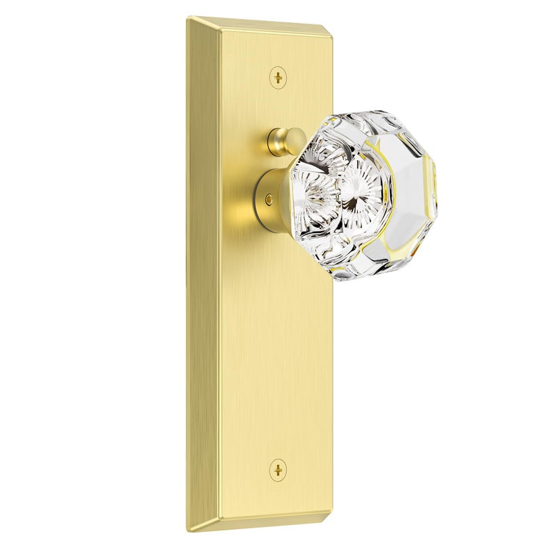 CEYMIO Glass Door Knobs for Interior Doors Vintage Crystal Privacy Bedroom Bathroom Door Knob with Lock Diamond Cut Door Handle Brushed Gold Finish 1 Pack - Image 2