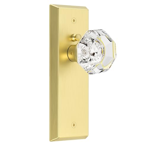 CEYMIO Glass Door Knobs for Interior Doors Vintage Crystal Privacy Bedroom Bathroom Door Knob with Lock Diamond Cut Door Handle Brushed Gold Finish 1 Pack - Image 1