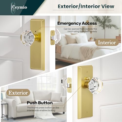 CEYMIO Glass Door Knobs for Interior Doors Vintage Crystal Privacy Bedroom Bathroom Door Knob with Lock Diamond Cut Door Handle Brushed Gold Finish 1 Pack - Image 3