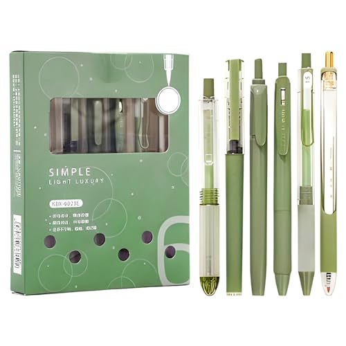 WISHKEY Stylish Retractable Pens for Kids, 0.5mm Stationery Gel Pen Set for Girls & Boys, Smooth Writing, Quick Dry Ink Pens with Highlighter, Elegant Green Pen Body, Blue Ink, 8+Years (Set of 6) - Image 1
