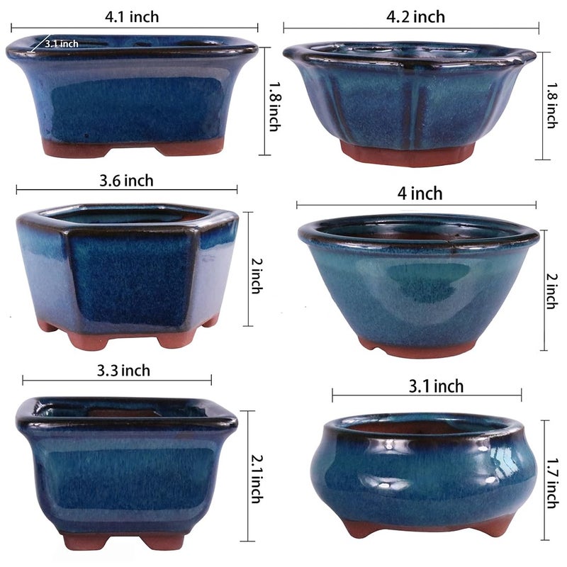MUZHI 6PACK Glazed Bonsai Pot Planter 3" 4â€ Small Succulent Pots, Yixing Zisha Decorative Mame Bonsai Training Pot or Small Flower Cactus Starter Growing Planters Containers Blue - Image 3