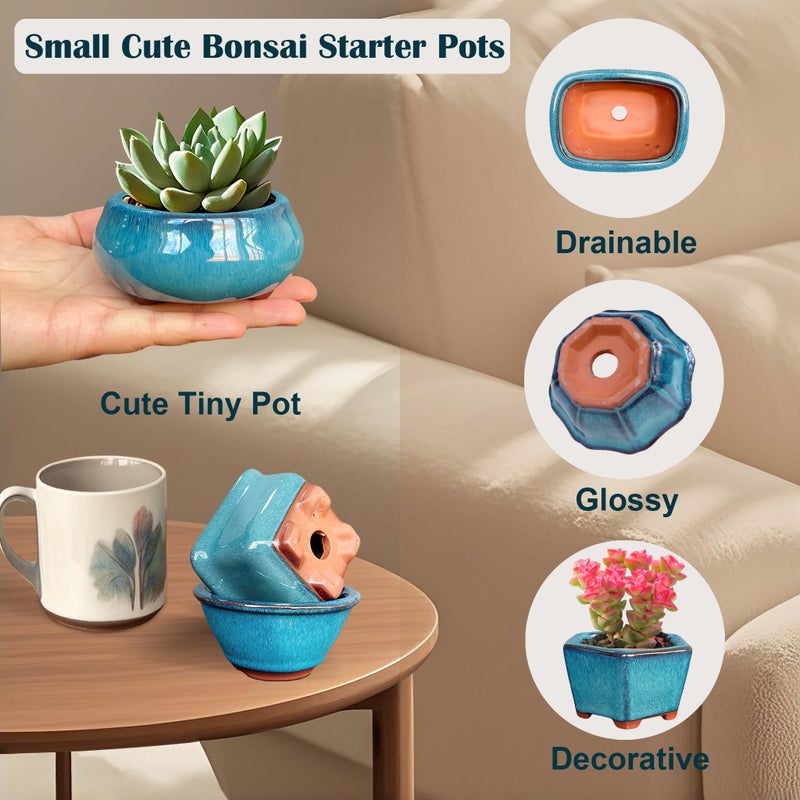 MUZHI 6PACK Glazed Bonsai Pot Planter 3" 4â€ Small Succulent Pots, Yixing Zisha Decorative Mame Bonsai Training Pot or Small Flower Cactus Starter Growing Planters Containers Blue - Image 2