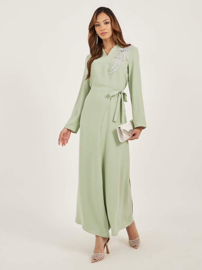 Styli Amirah Lace Detail V Neck Wrap Look Jalabiya  - Image 1