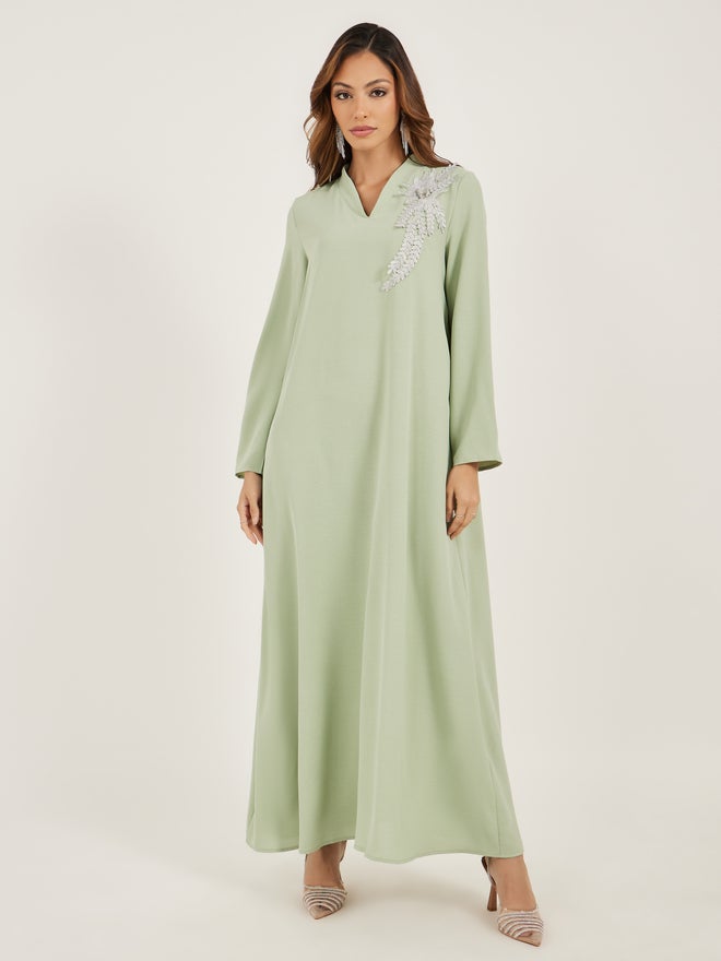 Styli Amirah Lace Detail V Neck Wrap Look Jalabiya  - Image 2