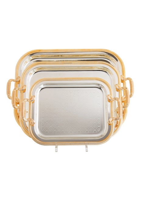 Rectangular metal serving tray set silver and gold