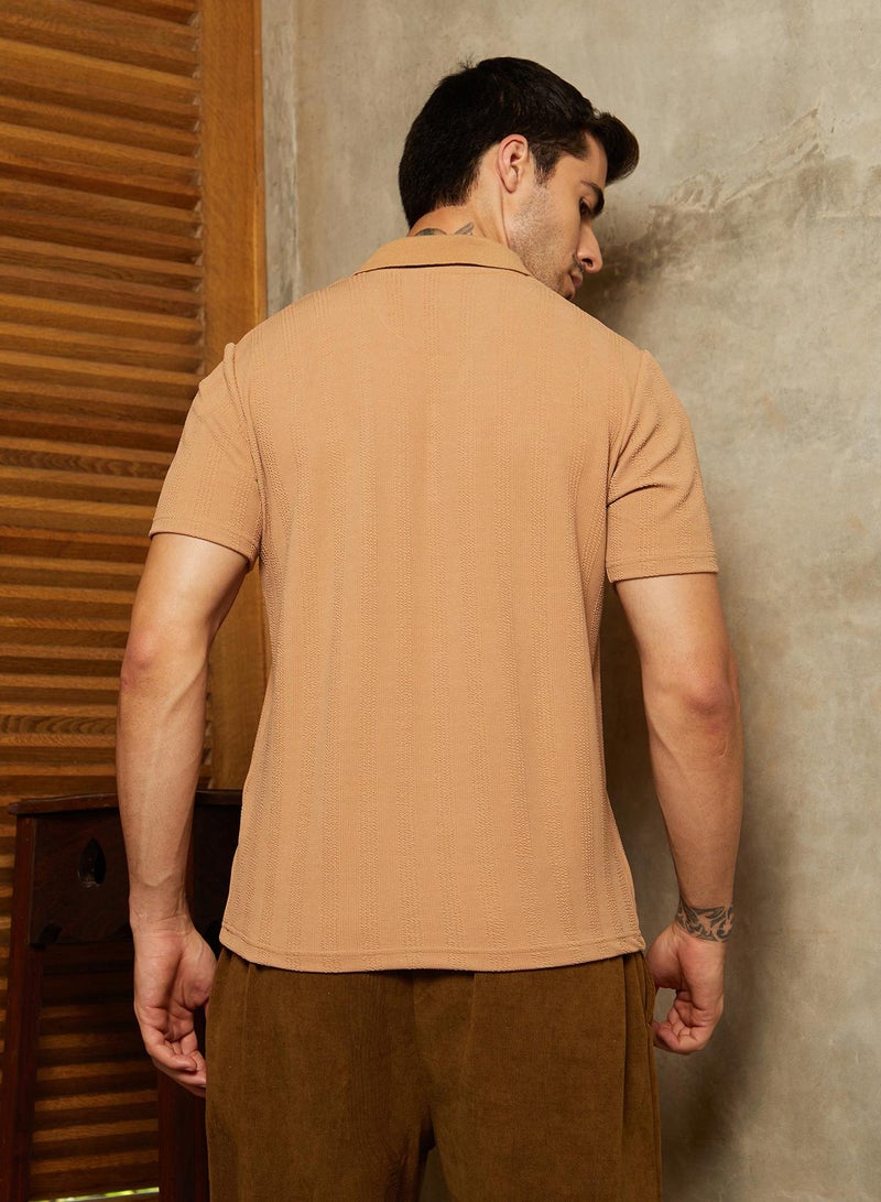كامبوس سوترا Men's Peanut Brown Rope-Tactile Cuban Polo T-Shirt - Image 5