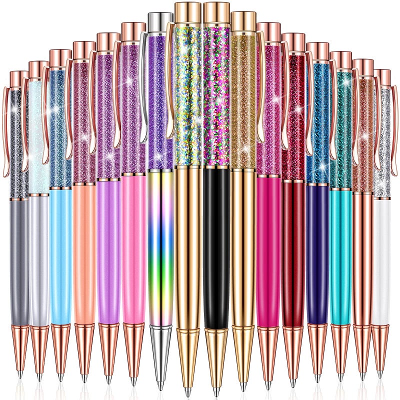HESTYA 16 Pcs Glitter Fancy Crystal Pens Bulk for Women Adults Floating Bling Liquid Sand Flower Ballpoint Cute Pens with Refills Writing Metal Black Ink Gift Office School Decor(Liquid Style) - Image 1
