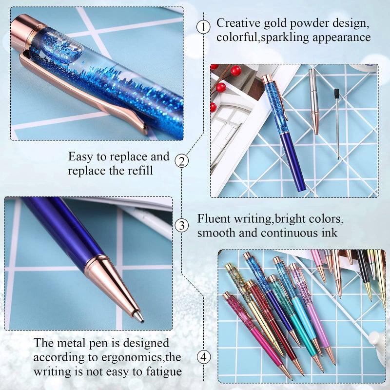 HESTYA 16 Pcs Glitter Fancy Crystal Pens Bulk for Women Adults Floating Bling Liquid Sand Flower Ballpoint Cute Pens with Refills Writing Metal Black Ink Gift Office School Decor(Liquid Style) - Image 4