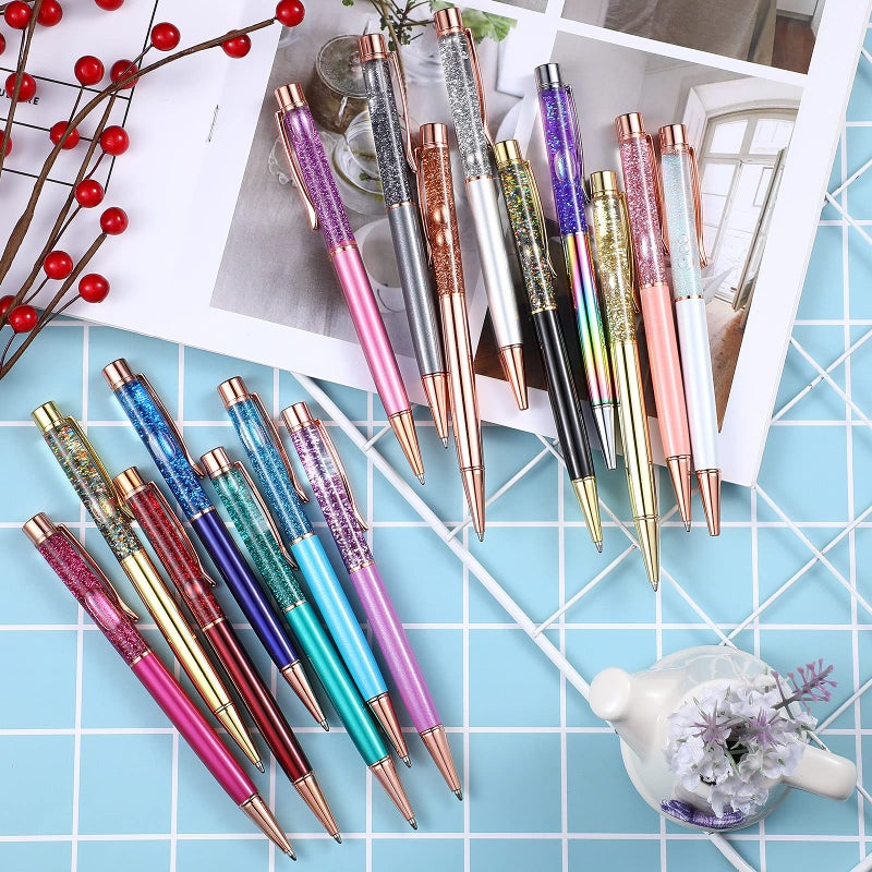 HESTYA 16 Pcs Glitter Fancy Crystal Pens Bulk for Women Adults Floating Bling Liquid Sand Flower Ballpoint Cute Pens with Refills Writing Metal Black Ink Gift Office School Decor(Liquid Style) - Image 5