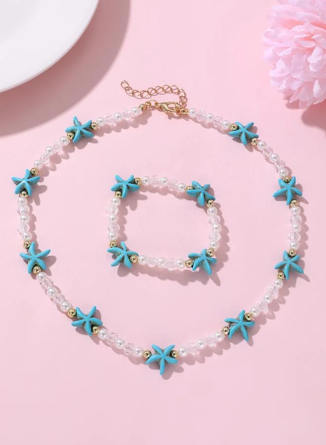 Take Two Girls Blue Starfish Charm Beaded Necklace and Bracelet Set