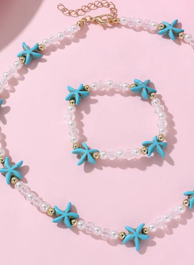 Take Two Girls Blue Starfish Charm Beaded Necklace and Bracelet Set